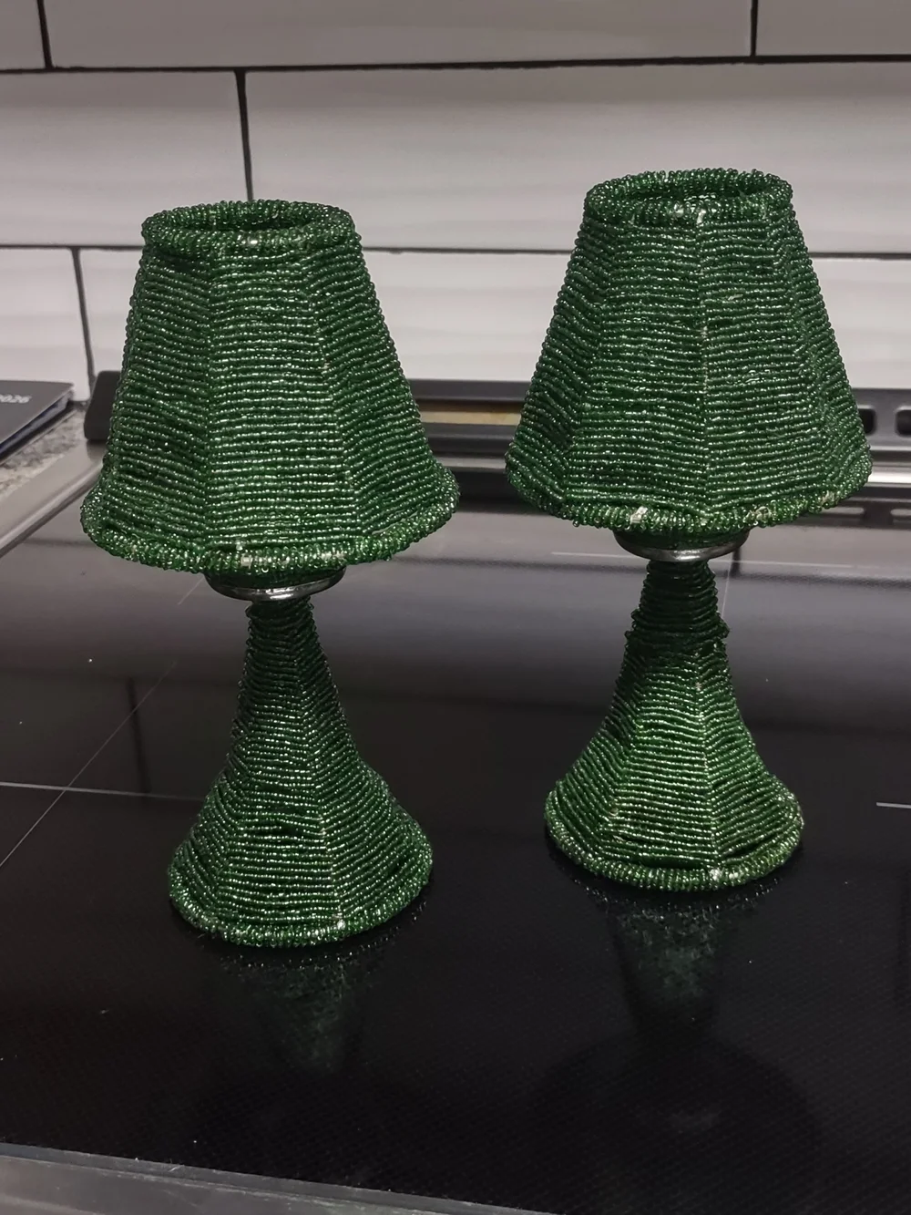 Beaded Mini Table Lamps - Emerald Green Pair Votive Tea Light Candle 8